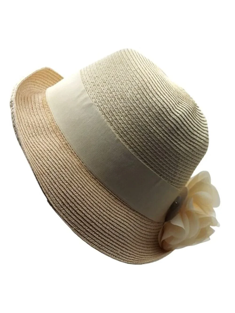 Womens Beige Straw Hat Wide Grosgrain Ribbon Band & Fabric Flower Summer Boho